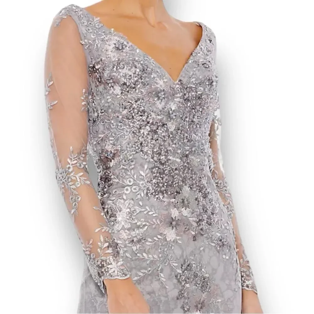 MAC DUGGAL Women’s Embellished V-Neck Illusion Long Sleeve Gown in the Size 12 - Picture 7 of 14